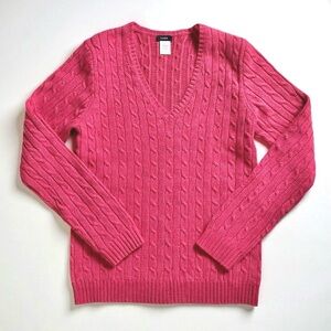 J Crew Coral Pink Cable Knit V Neck Sweater Large Merino Wool Angora Cashmere